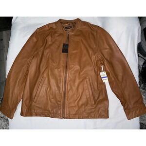 Tasso Elba Mens Genuine Leather Cafe Racer Jacket Cognac Brown XL NWT